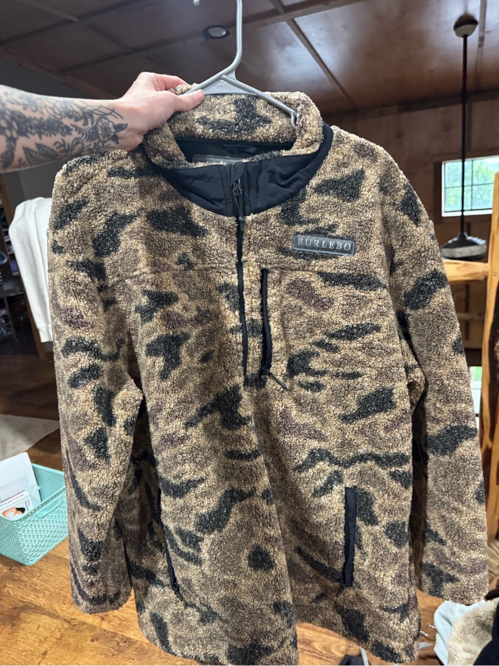 BURLEBO Tan and Black Camouflage Sherpa Jacket